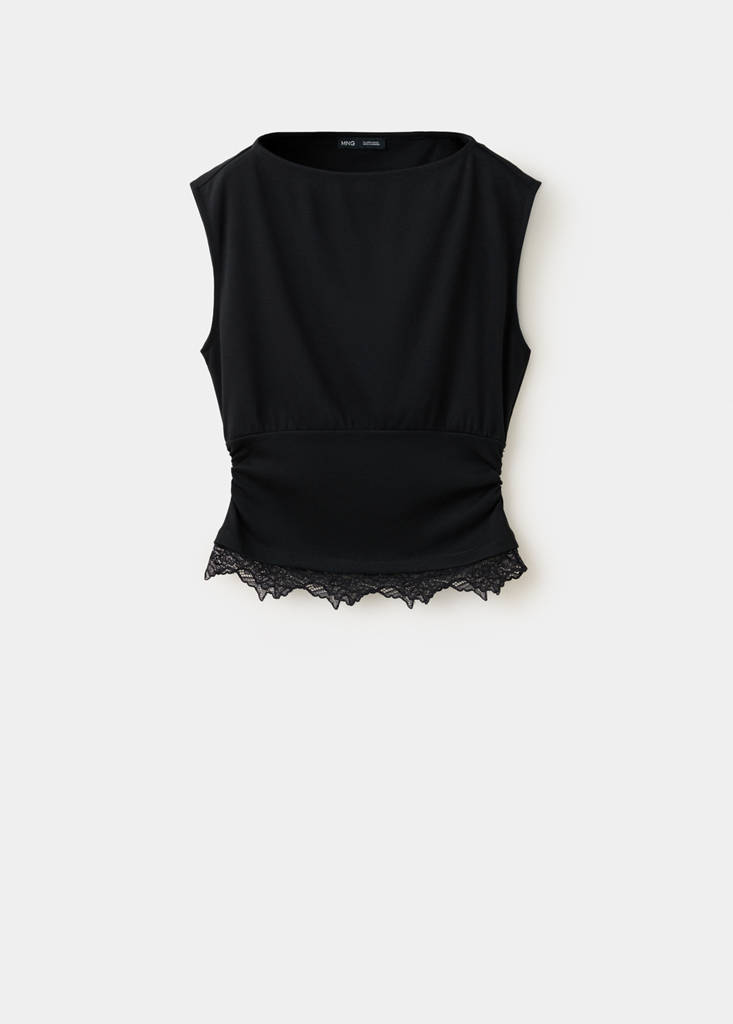 Ruched lace top — Black