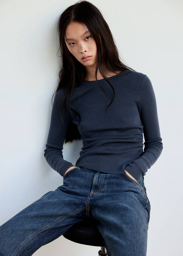 Ruched fine-knit sweater — Petrol Blue