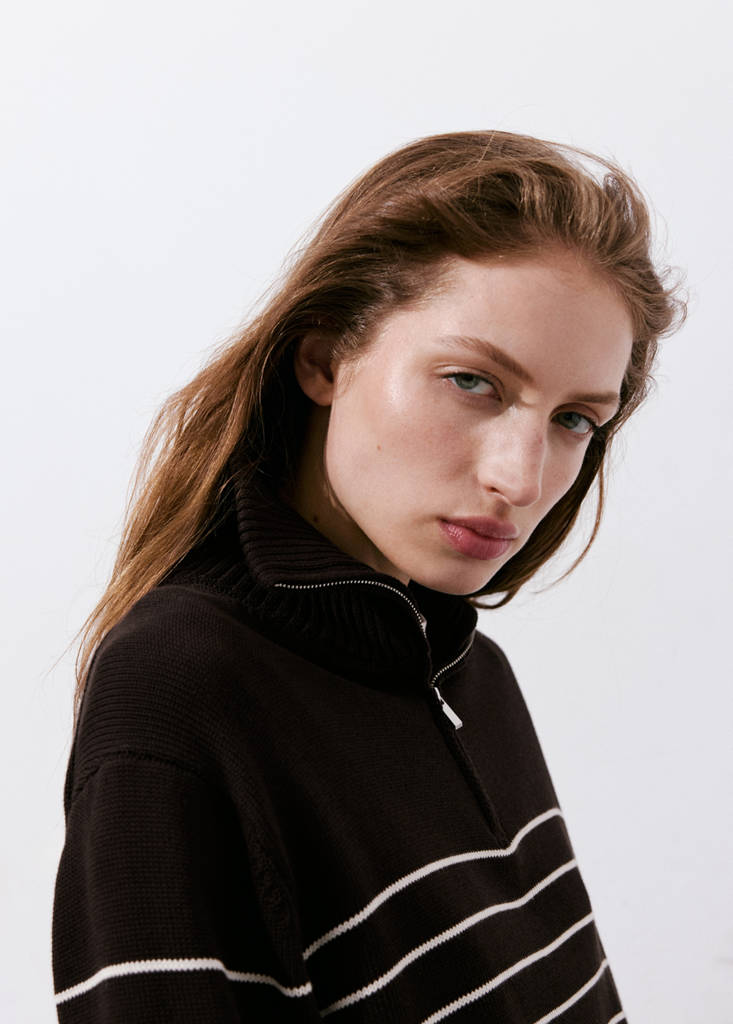Striped sweater with zip — Brown