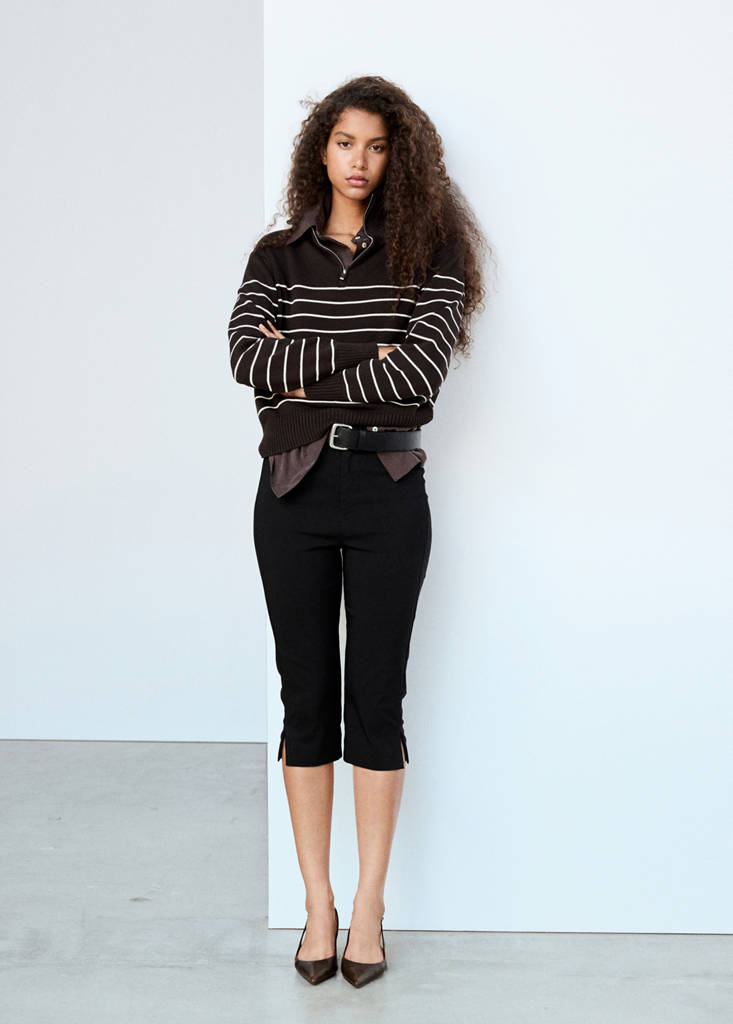 Striped sweater with zip — Brown