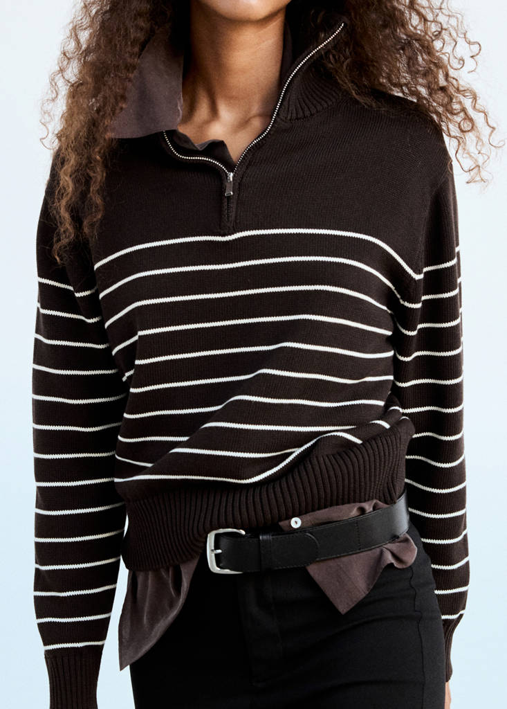 Striped sweater with zip — Brown
