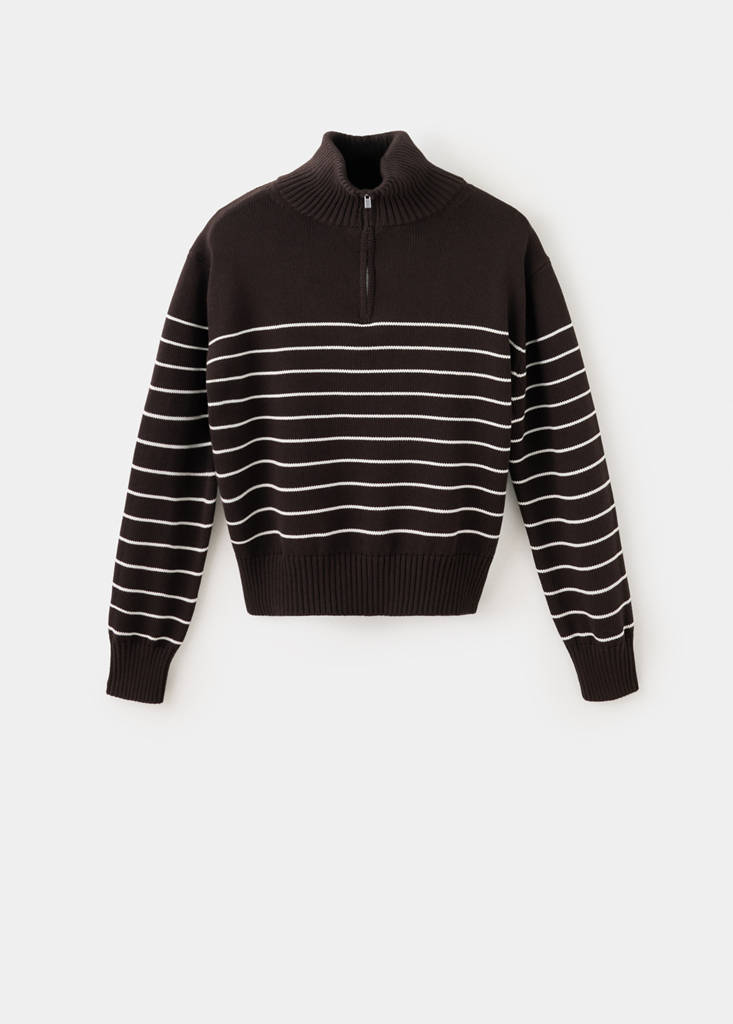 Striped sweater with zip — Brown