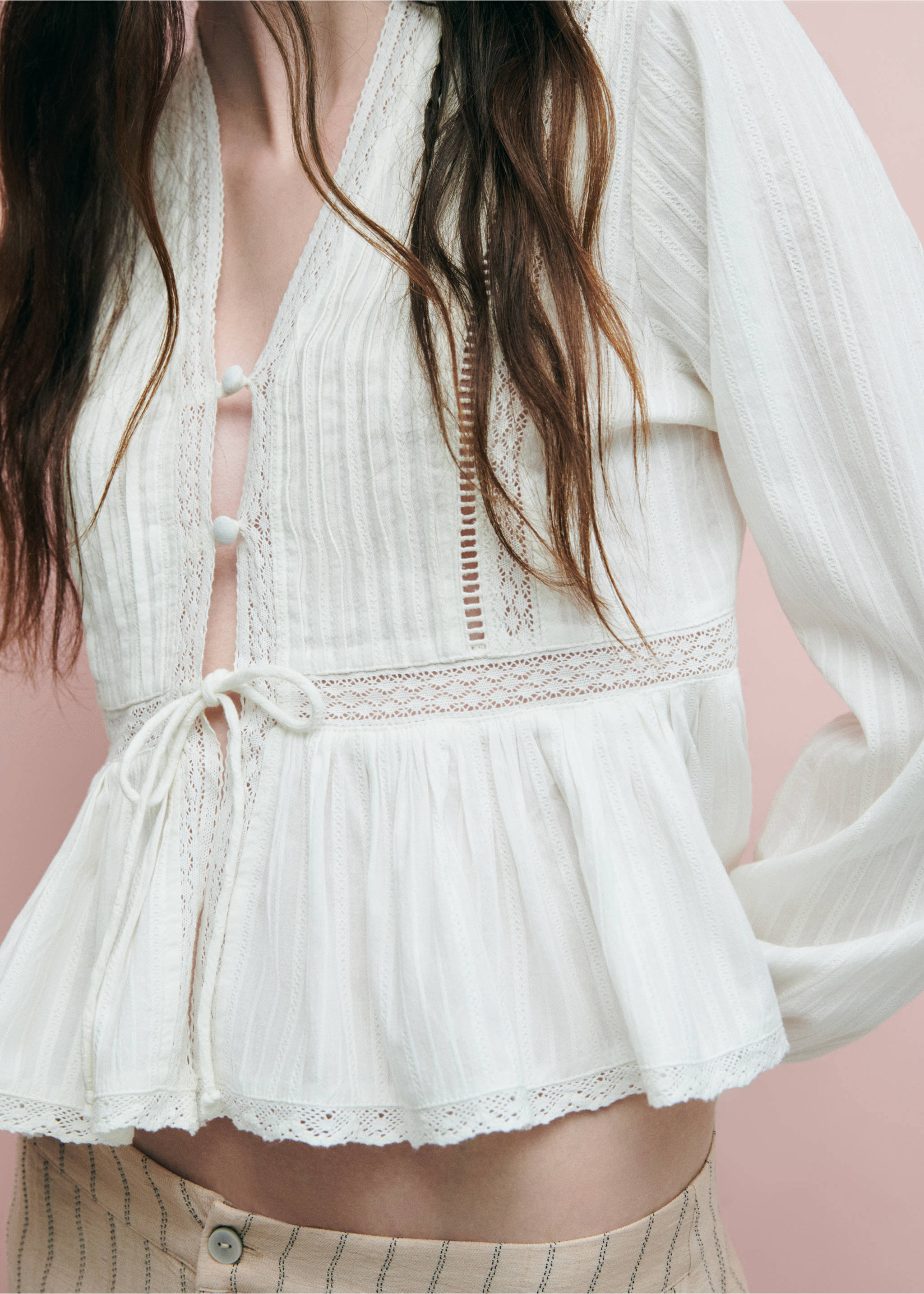 Blouse with textured openwork detailing - Details of the article 3, Off White. Ref: 37044094-00.