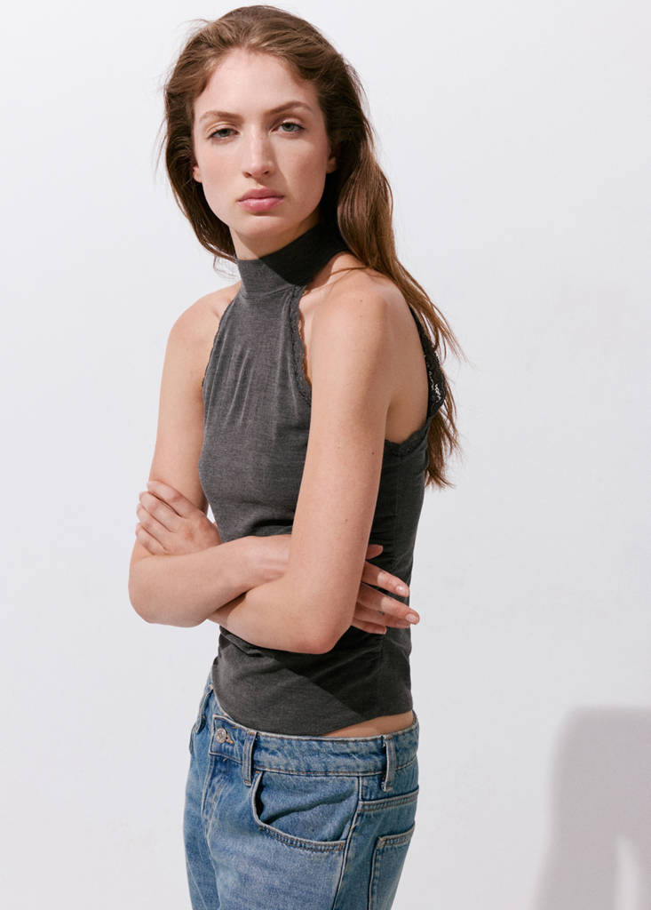 High neck top with lace details — Grey