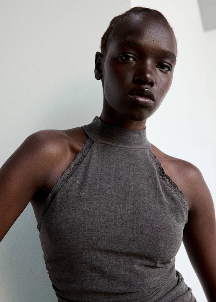 High neck top with lace details — Grey