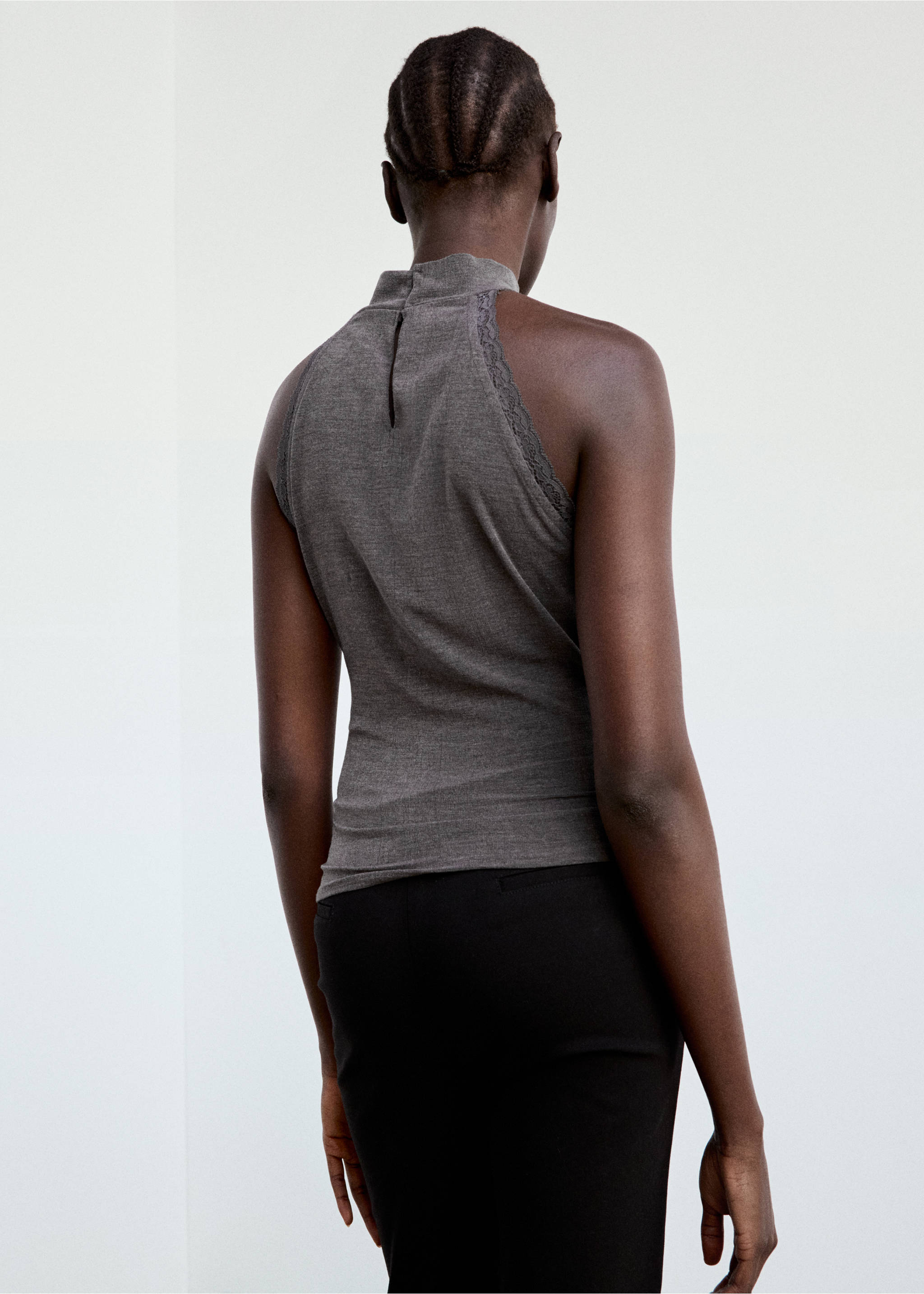 High neck top with lace details - Reverse of the article, Grey. Ref: 37044111-01.