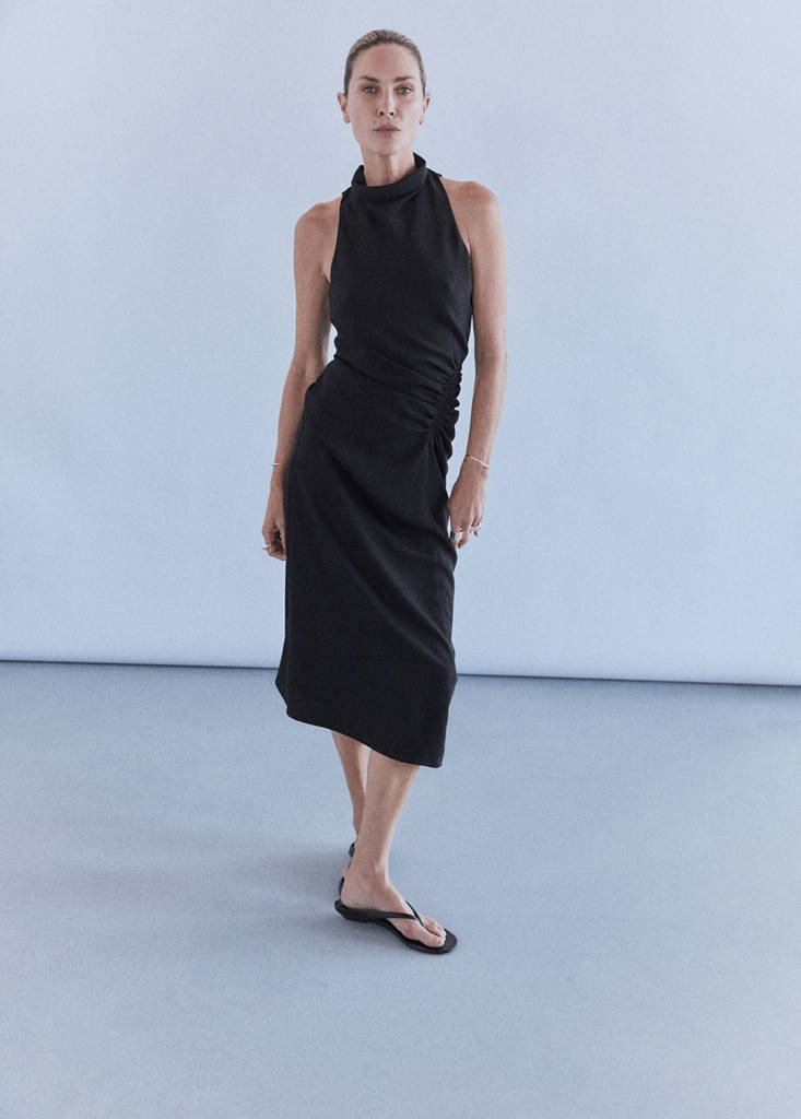 Ruched dress with draped neckline — Black