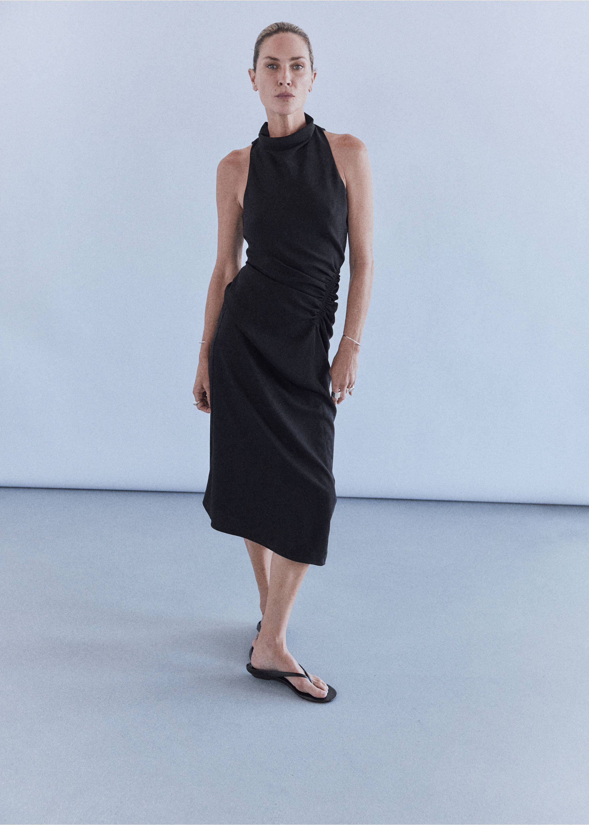 Ruched dress with draped neckline - General plane, Black. Ref: 37044113-00.