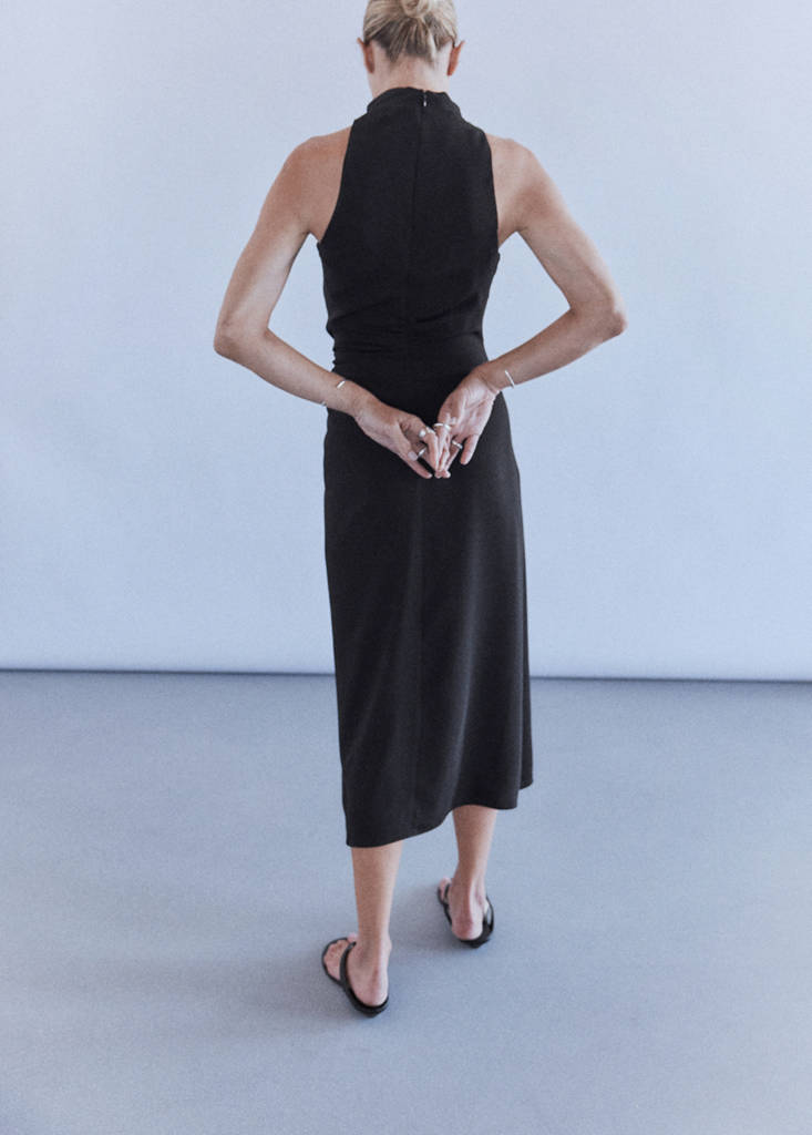 Ruched dress with draped neckline — Black
