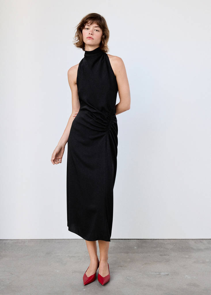 Ruched dress with draped neckline — Black