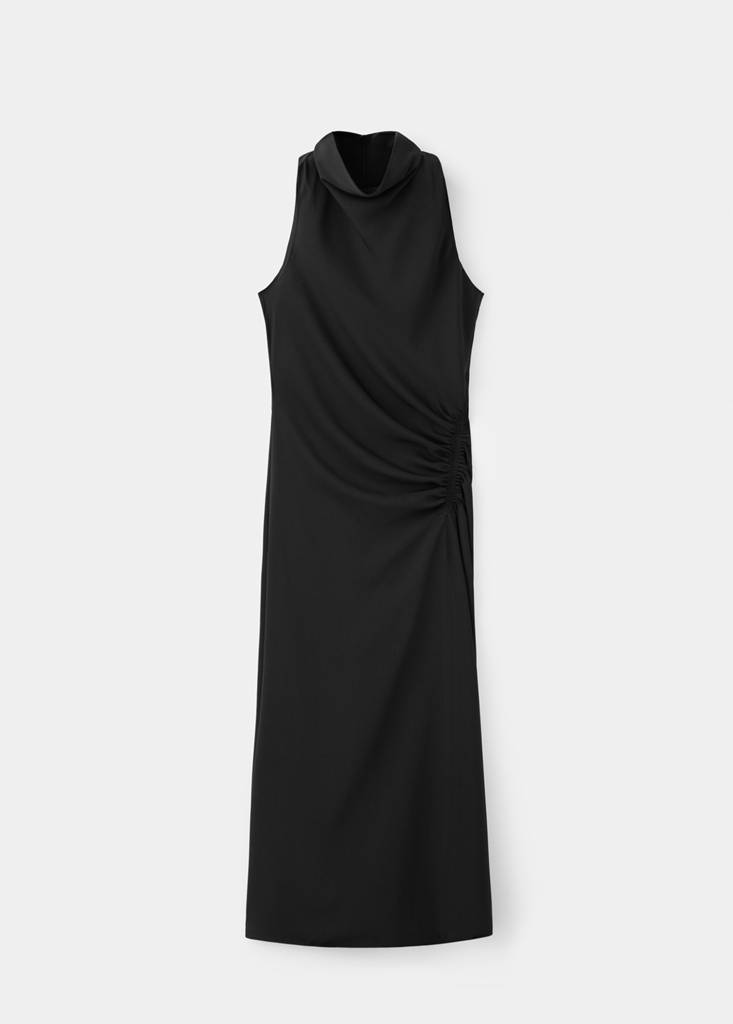 Ruched dress with draped neckline — Black