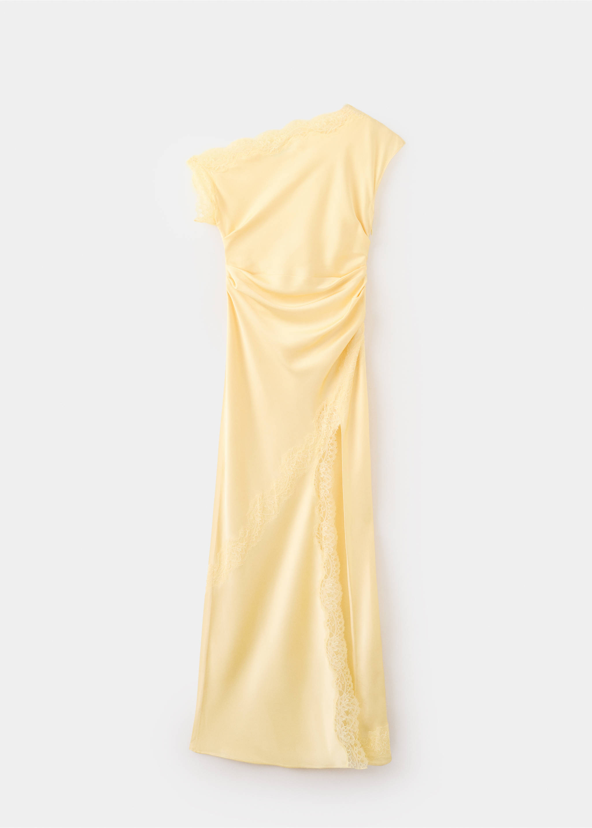 Robe asymétrique satinée détails dentelle - Article sans modèle, Jaune pastel. Ref: 37044117-00.