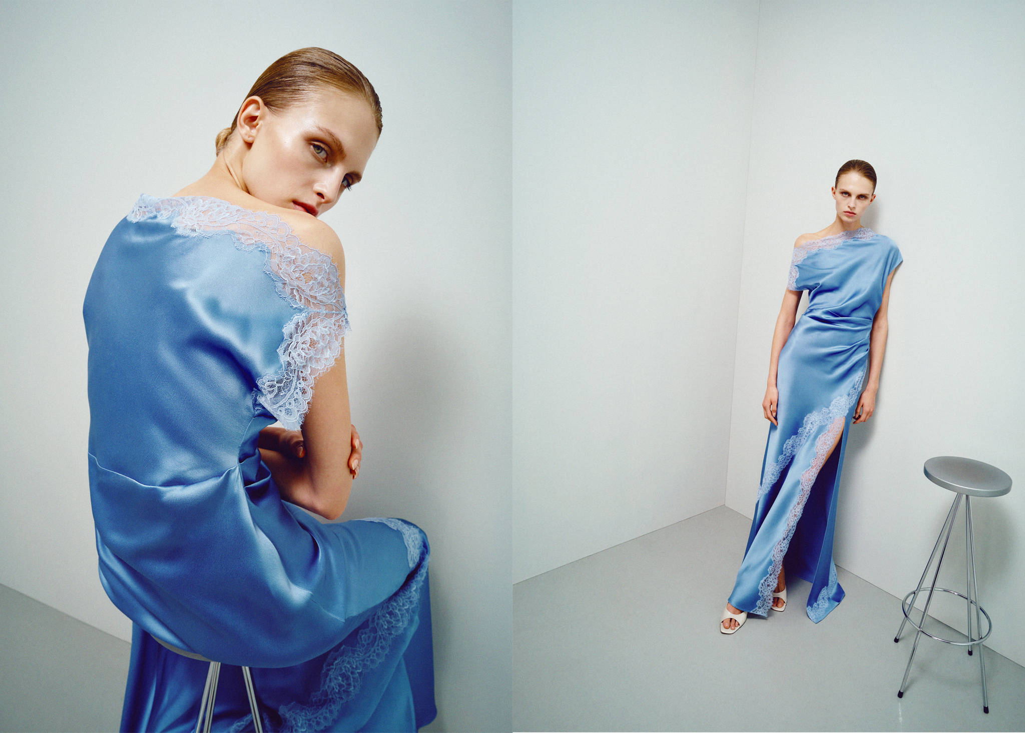 Asymmetric satin dress with lace details - Panoramic plane