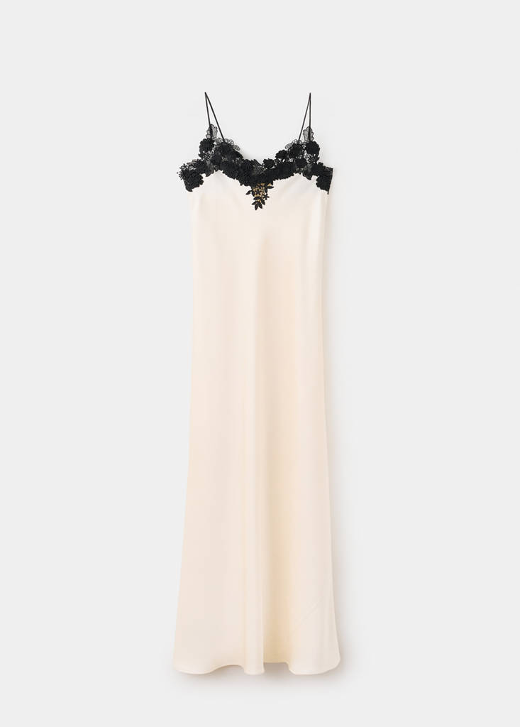 Satin dress with guipure detail — Ecru