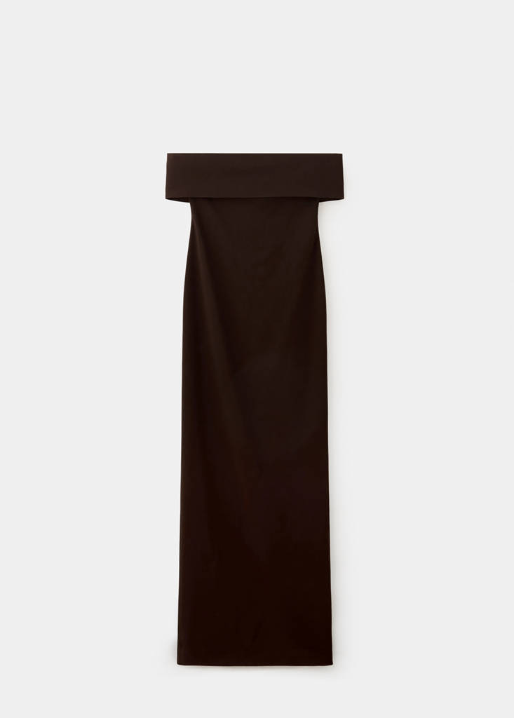 Off-the-shoulder dress with slit detail — Brown