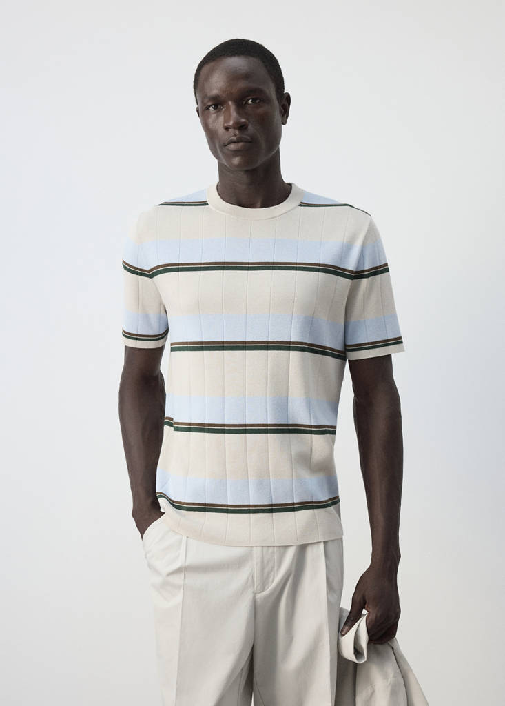 Striped cotton blend jersey T-shirt — Ice Grey