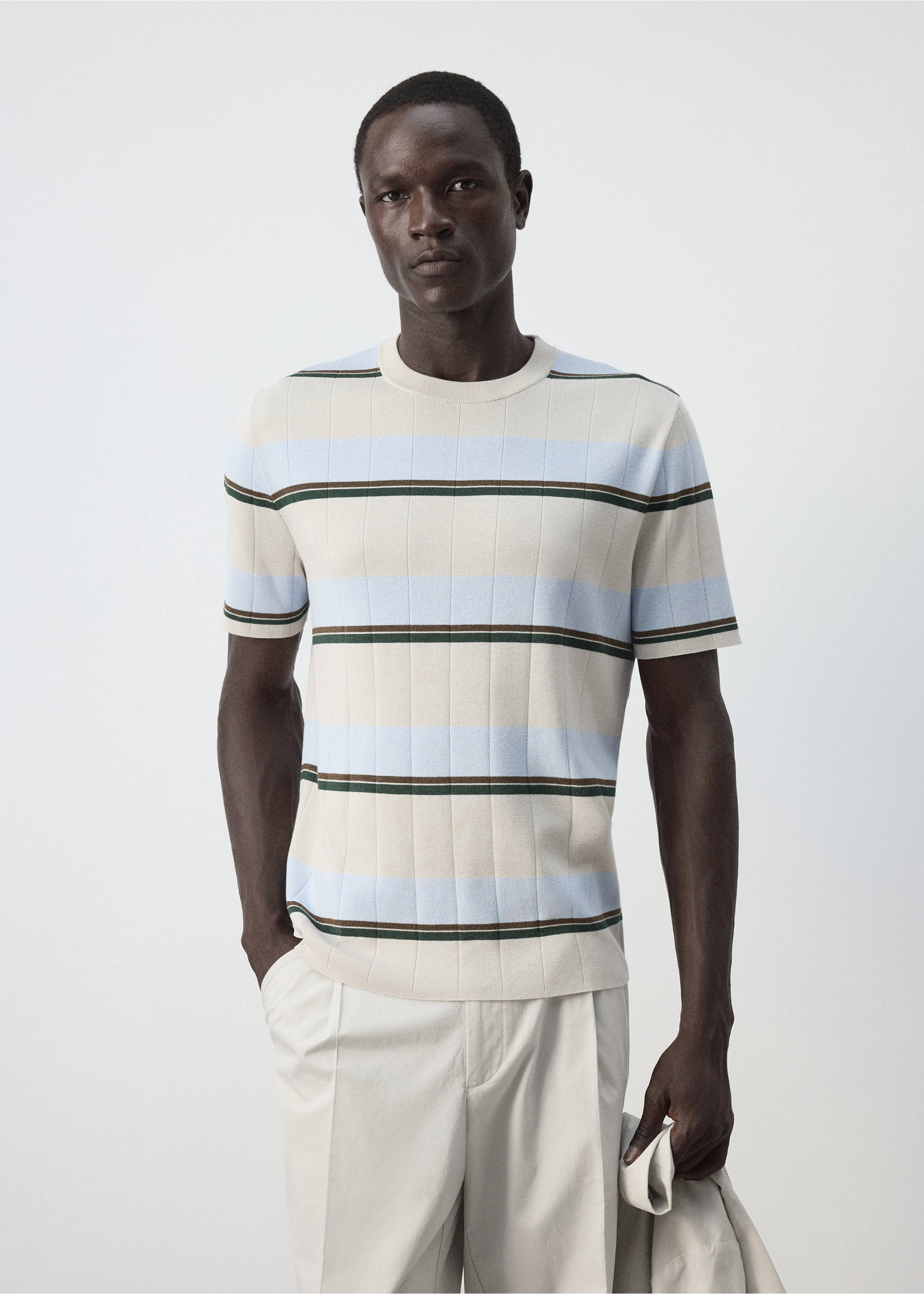Striped cotton-blend T-shirt - Medium plane, Ice Grey. Ref: 37044423-00.