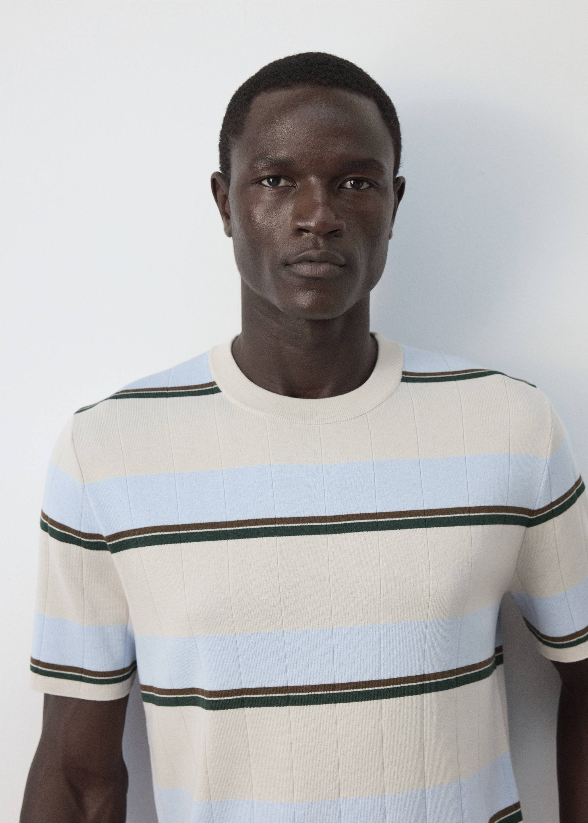 Striped cotton-blend T-shirt - Details of the article 1, Ice Grey. Ref: 37044423-00.