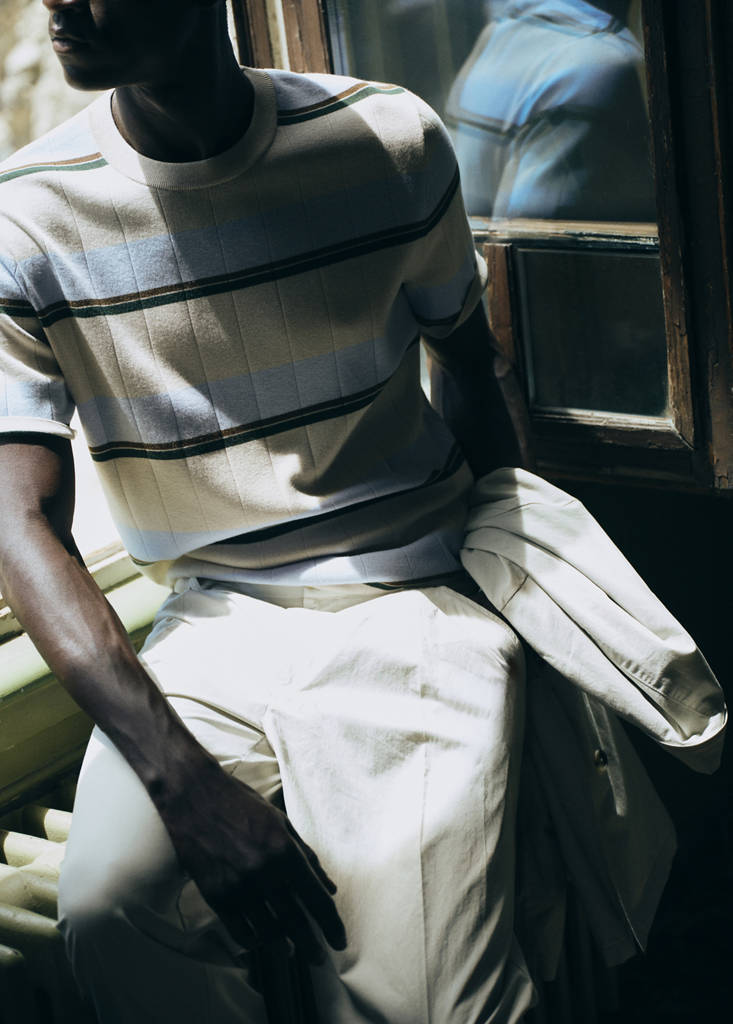 Striped cotton blend jersey T-shirt — Ice Grey