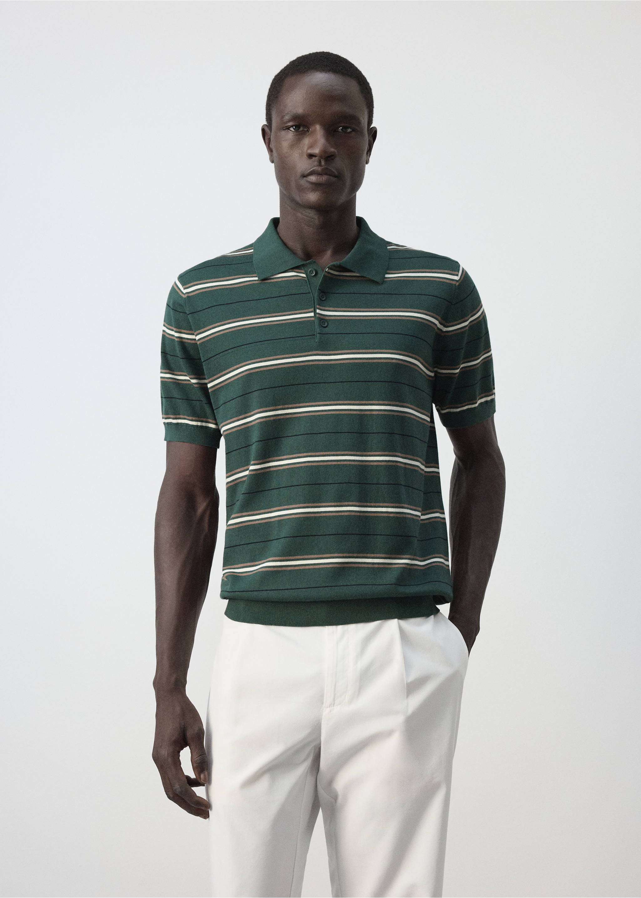 100% cotton fine-knit striped polo - Medium plane, Billiard Green. Ref: 37044424-00.