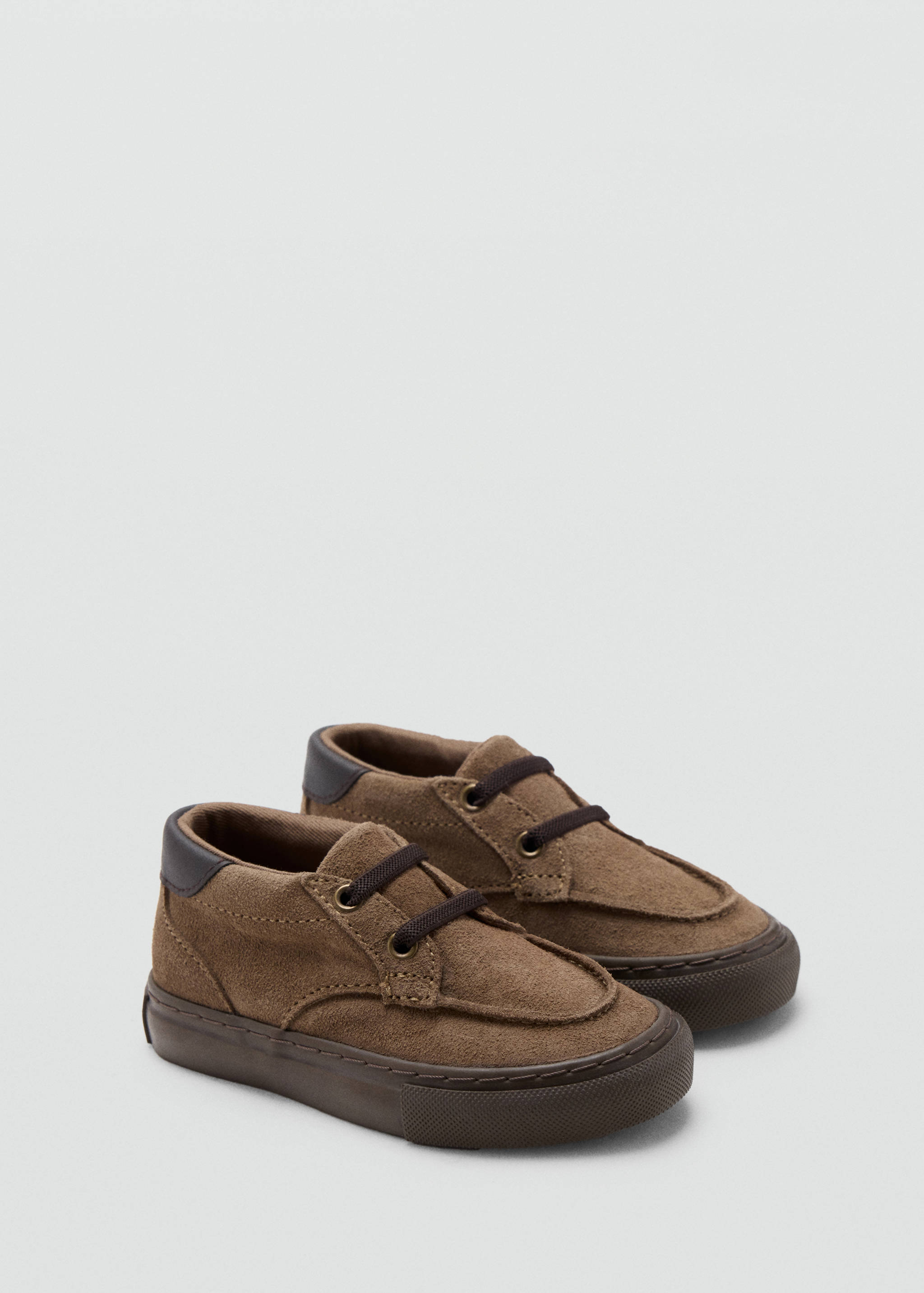 Brown children's suede shoes with mock-moc toe and dark brown soles.