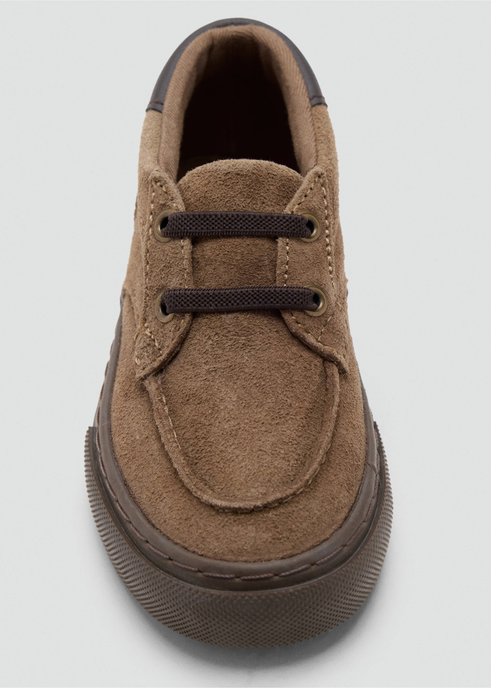 Brown children's suede shoe with elastic laces and moc-toe detail., Chocolate. Ref: 37044443-00.