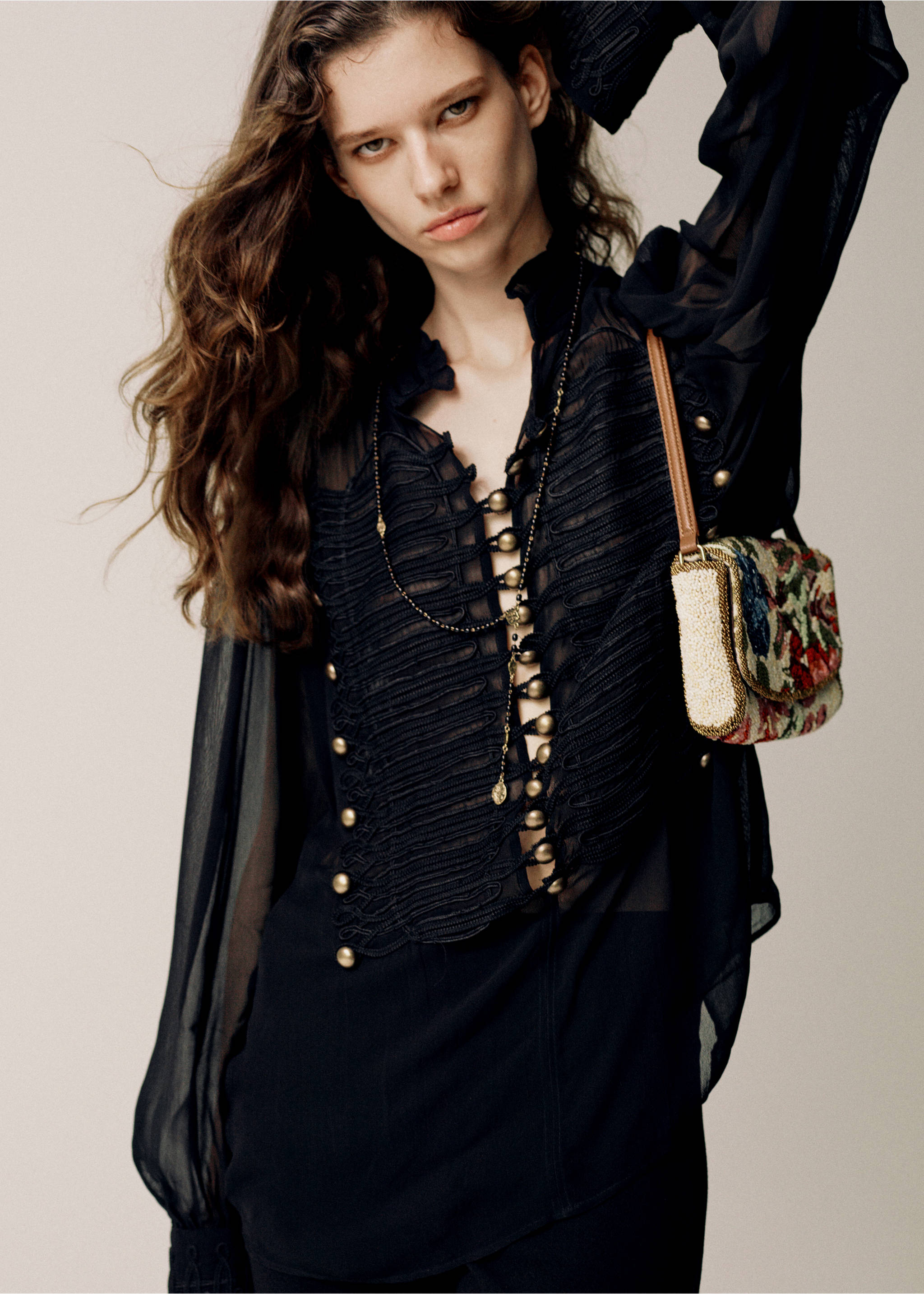 Chiffon blouse with frog closures - Medium plane, Black. Ref: 37044464-00.