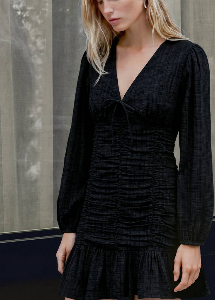 Short textured V-neck dress — Black