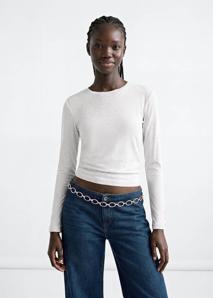 Long-sleeved T-shirt with decorative buttons — Light Heather Grey