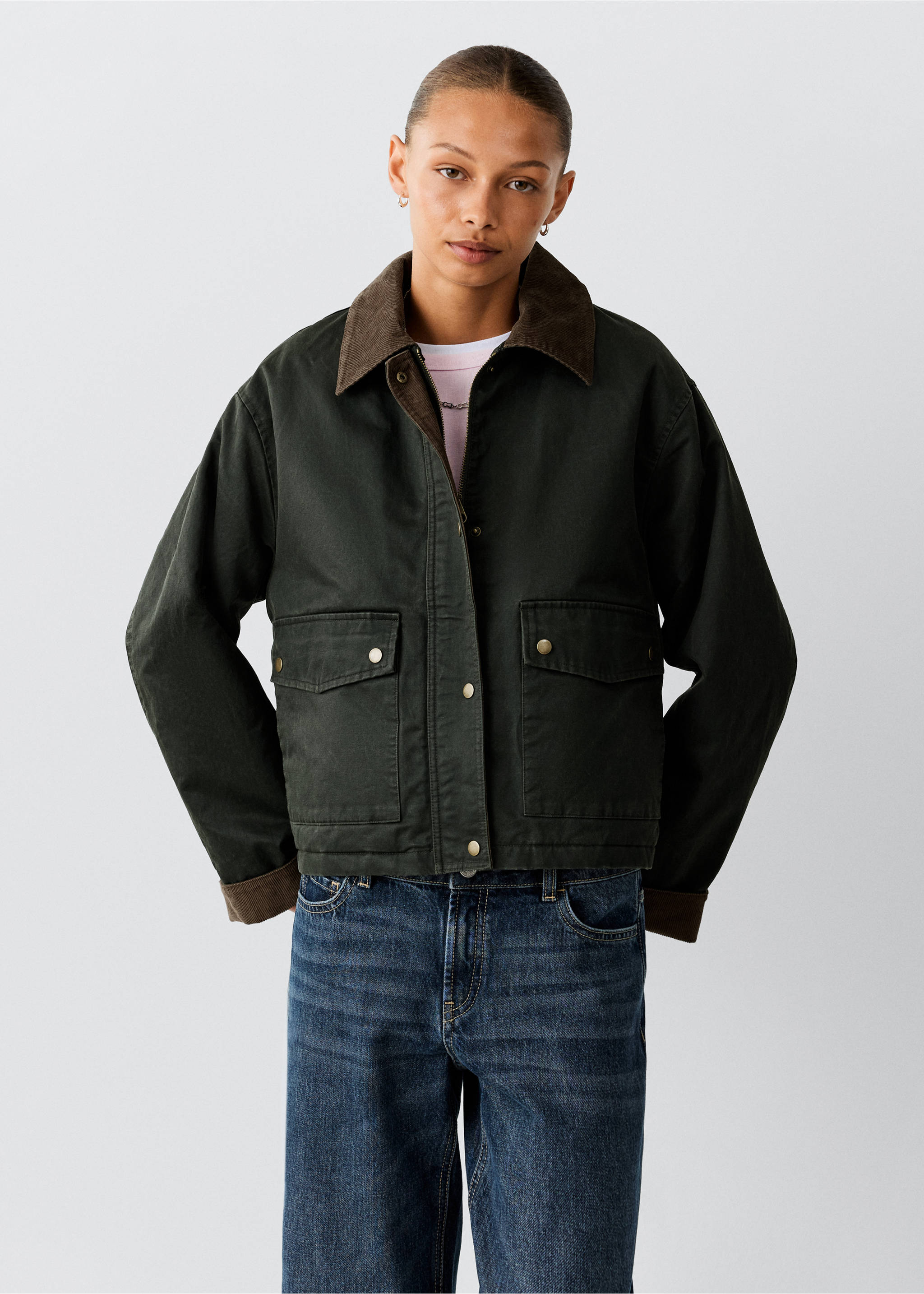 Cotton parka with corduroy collar - Medium plane, Medium Green. Ref: 37045153-00.