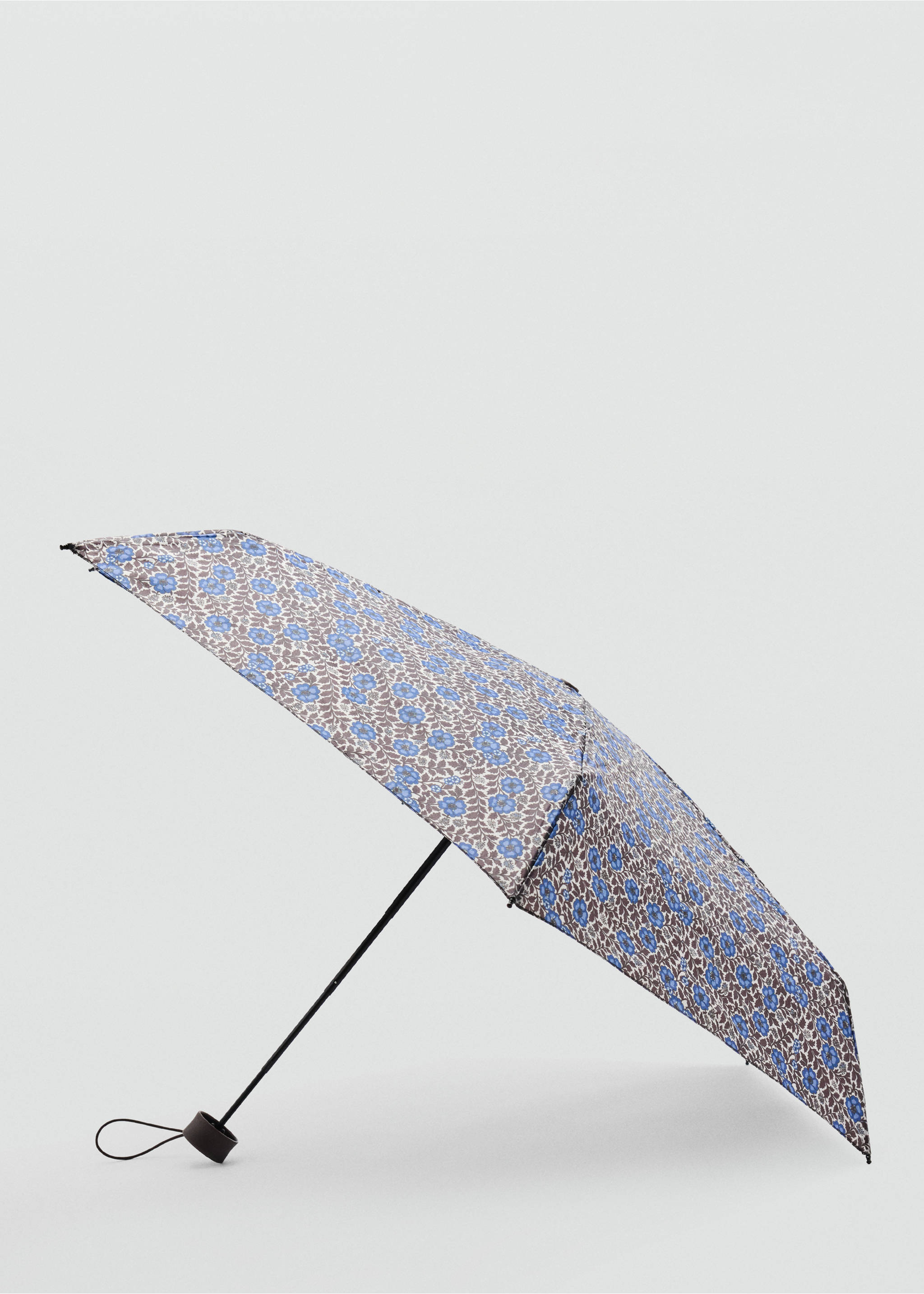 Compact umbrella with a blue floral and brown leaf print., Chocolate. Ref: 37045157-00.