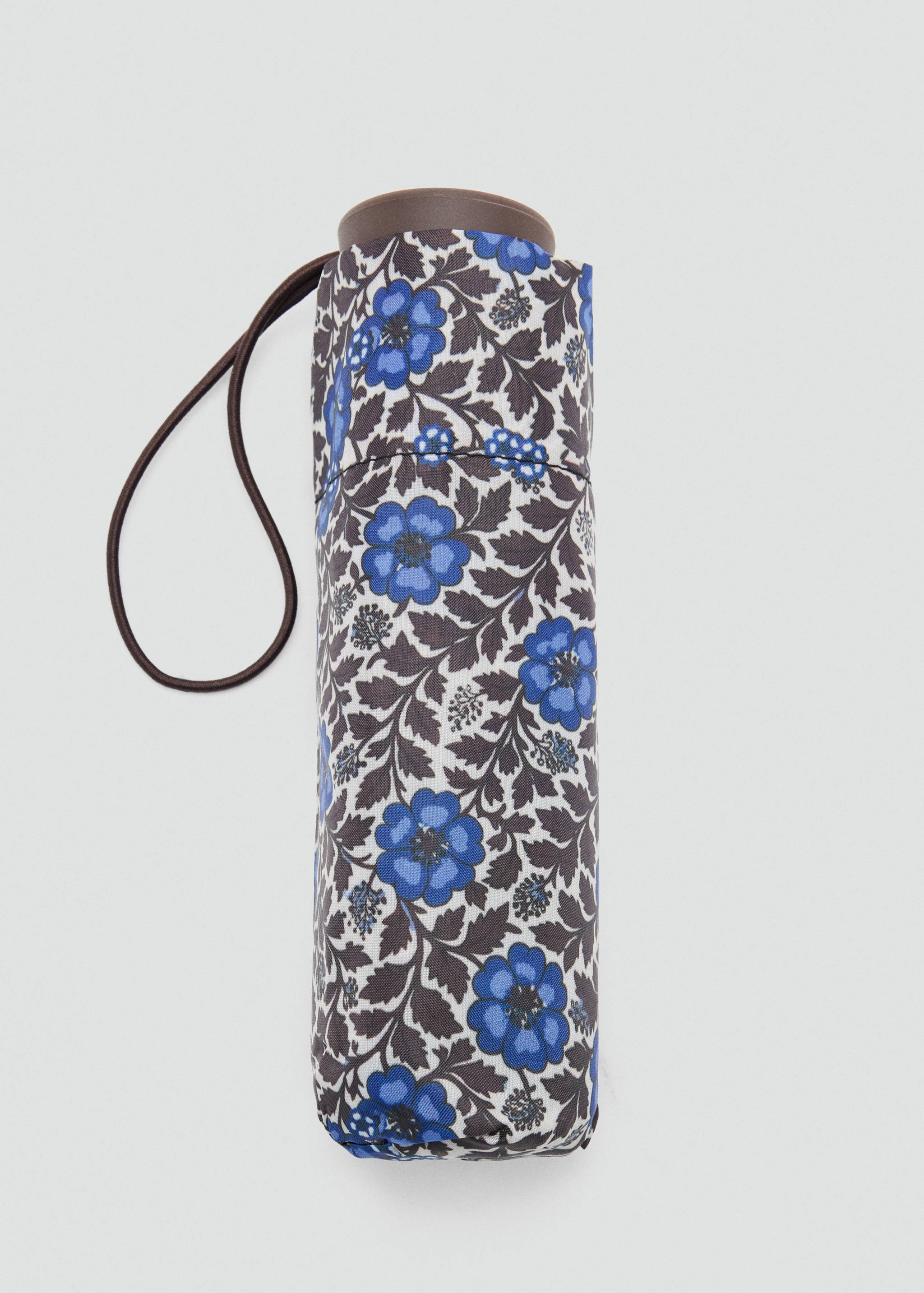 Blue floral print compact umbrella with a wrist strap.
