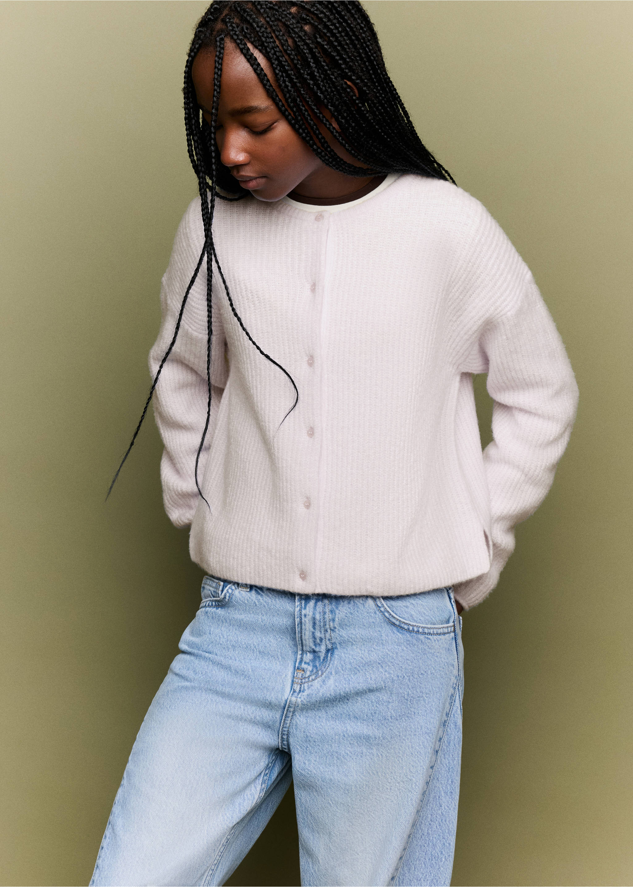 Pale pink textured knit cardigan with long sleeves and front button fastening., Light/Pastel Purple. Ref: 37045162-00.