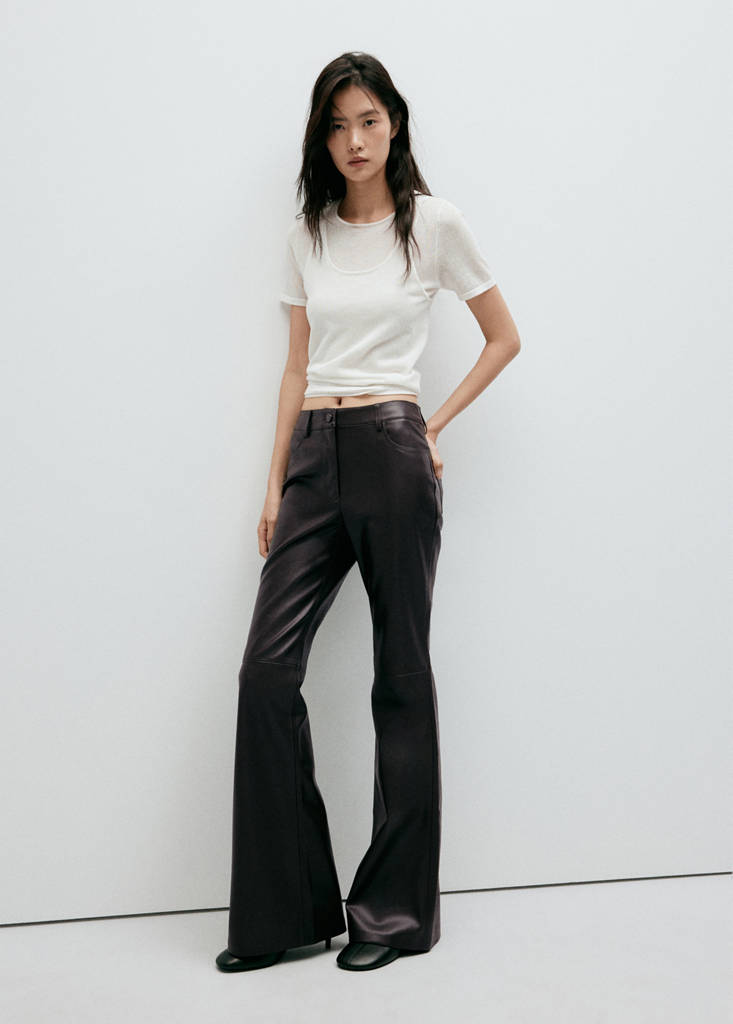 Faux-leather flared trousers — Chocolate