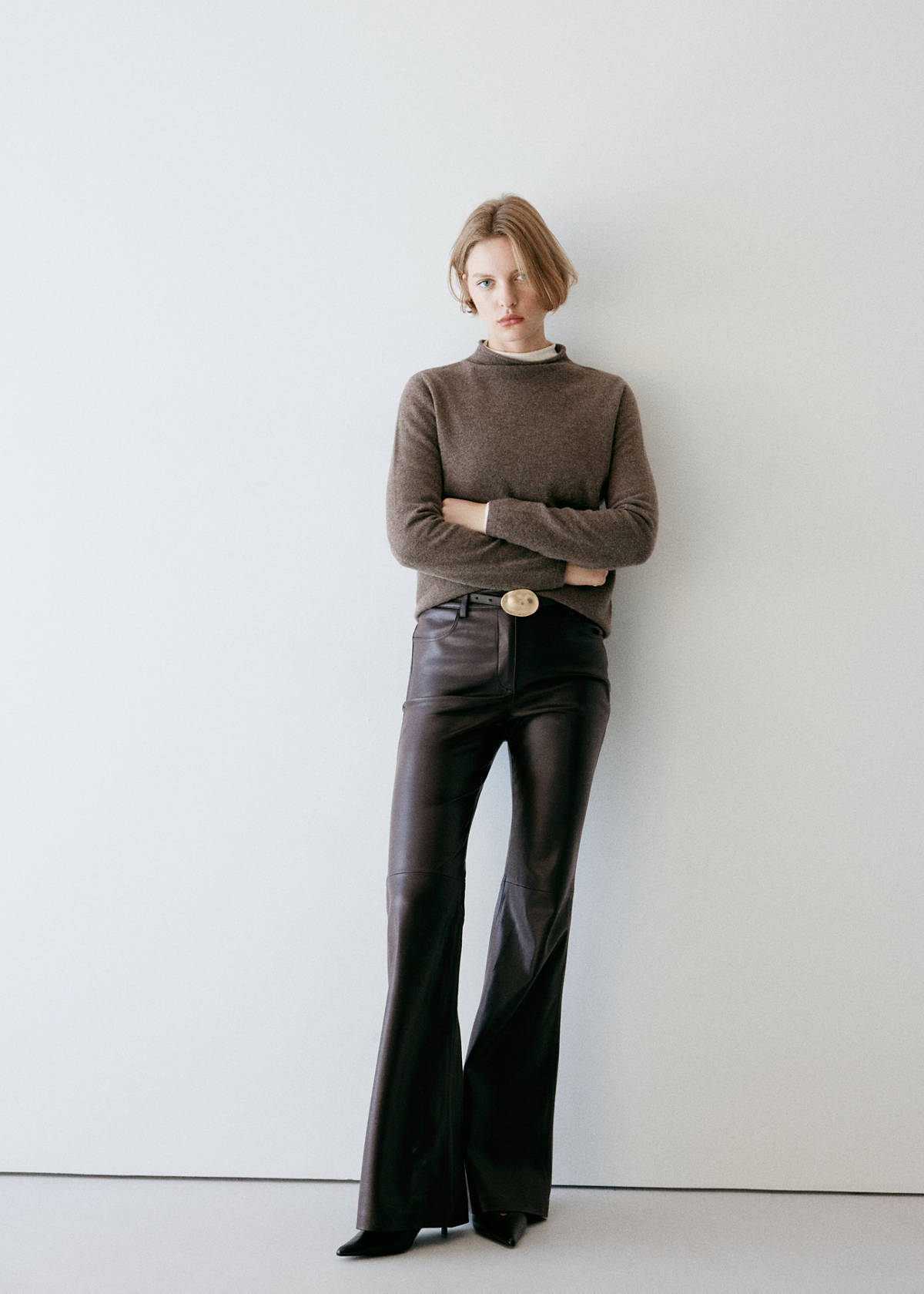 Faux-leather flared trousers — Chocolate