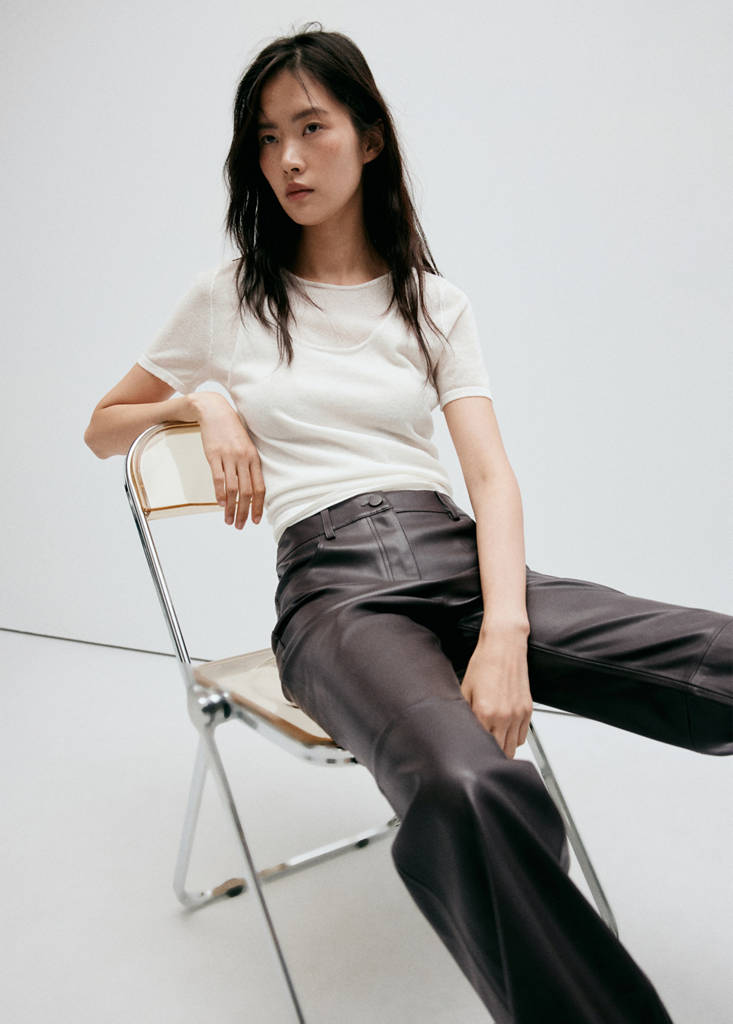 Faux-leather flared trousers — Chocolate