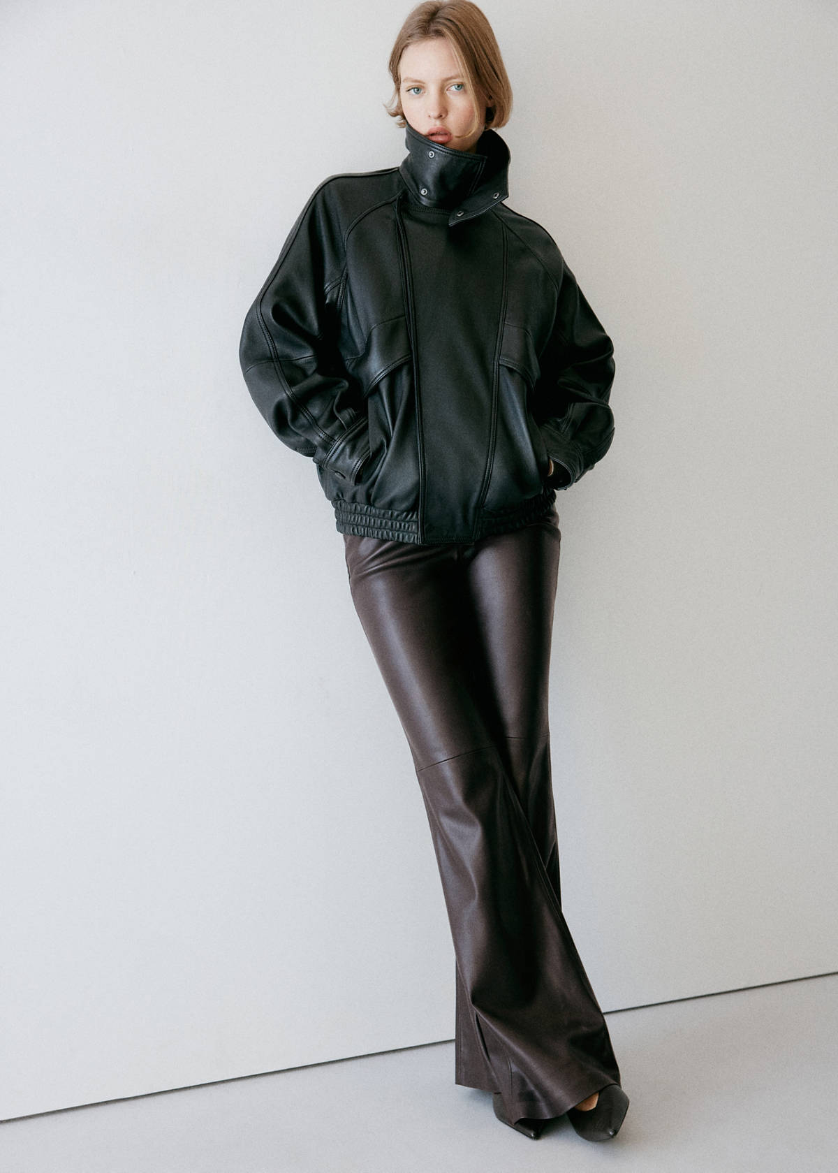 Faux-leather flared trousers — Chocolate