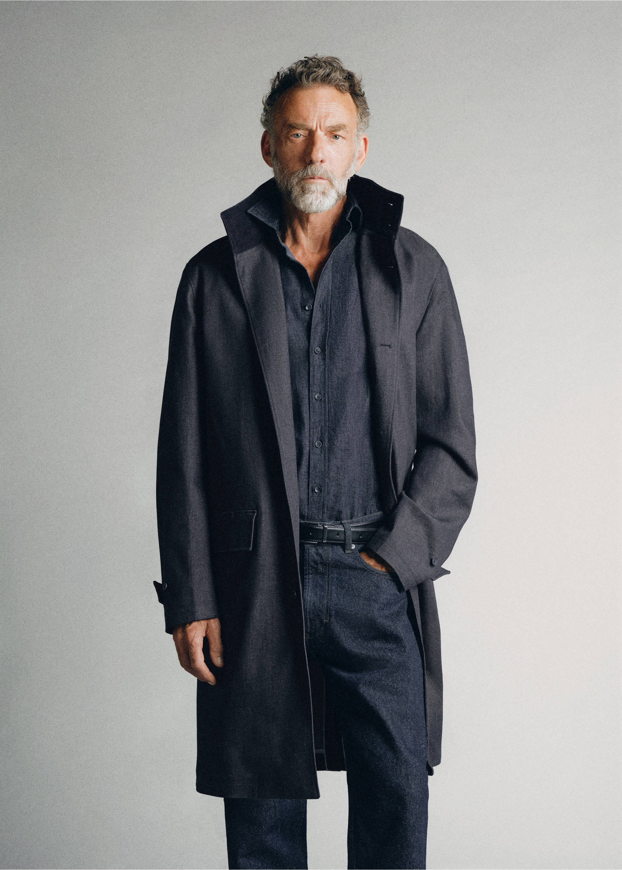 Denim coat with high neck - Medium plane, Open Blue. Ref: 37045838-00.