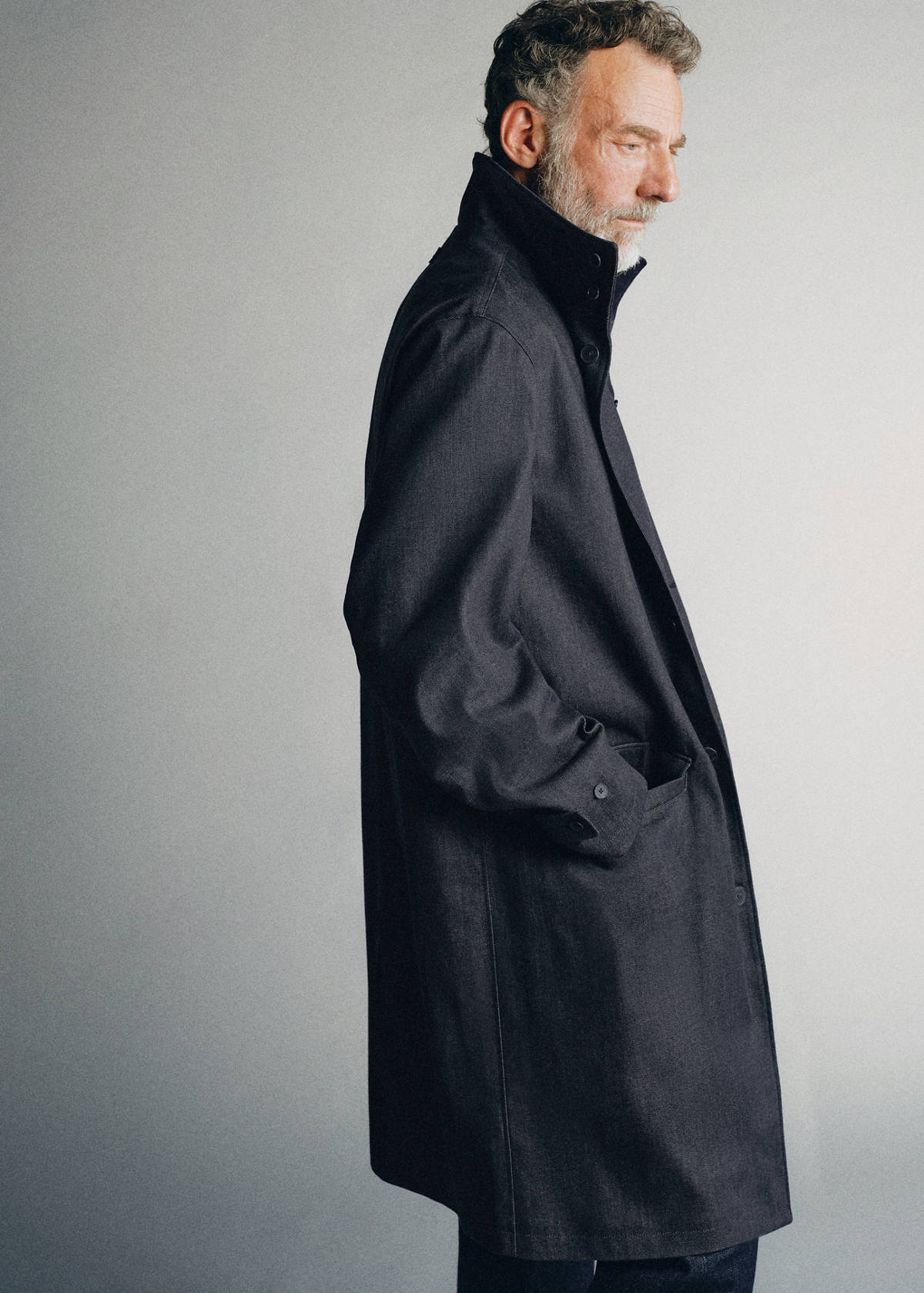 Denim trench coat with stand-up collar — Open Blue