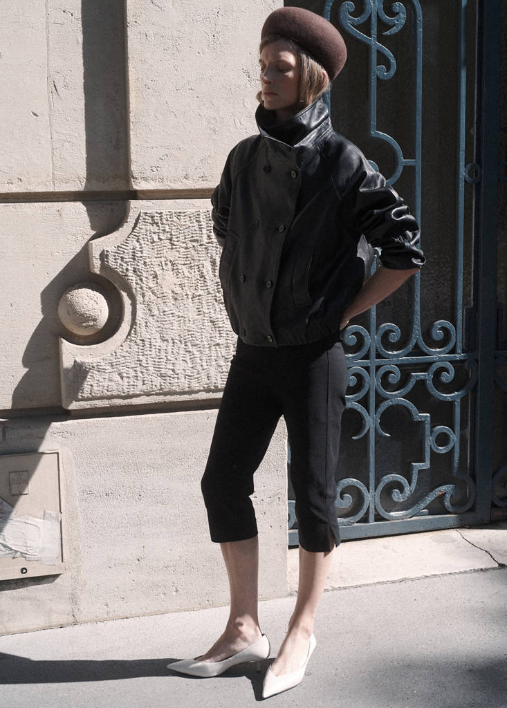 Funnel neck leather jacket — Black