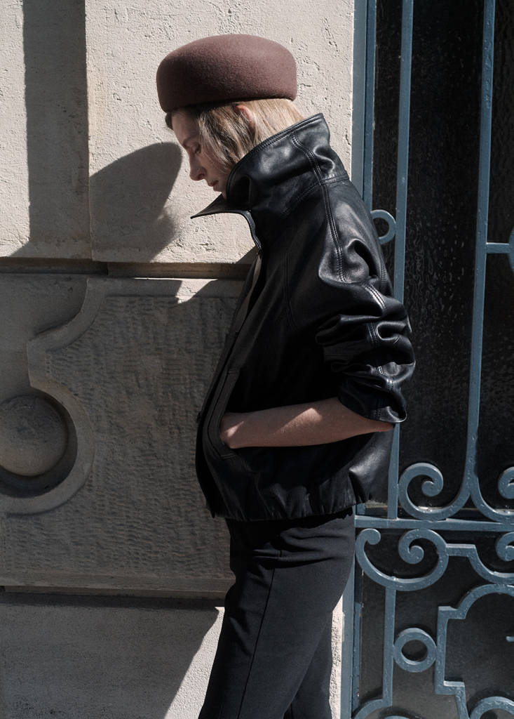 Funnel neck leather jacket — Black