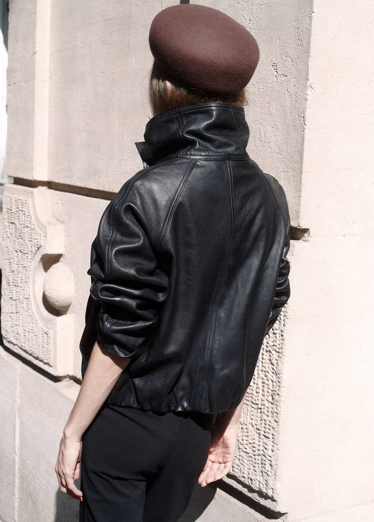 Funnel neck leather jacket — Black
