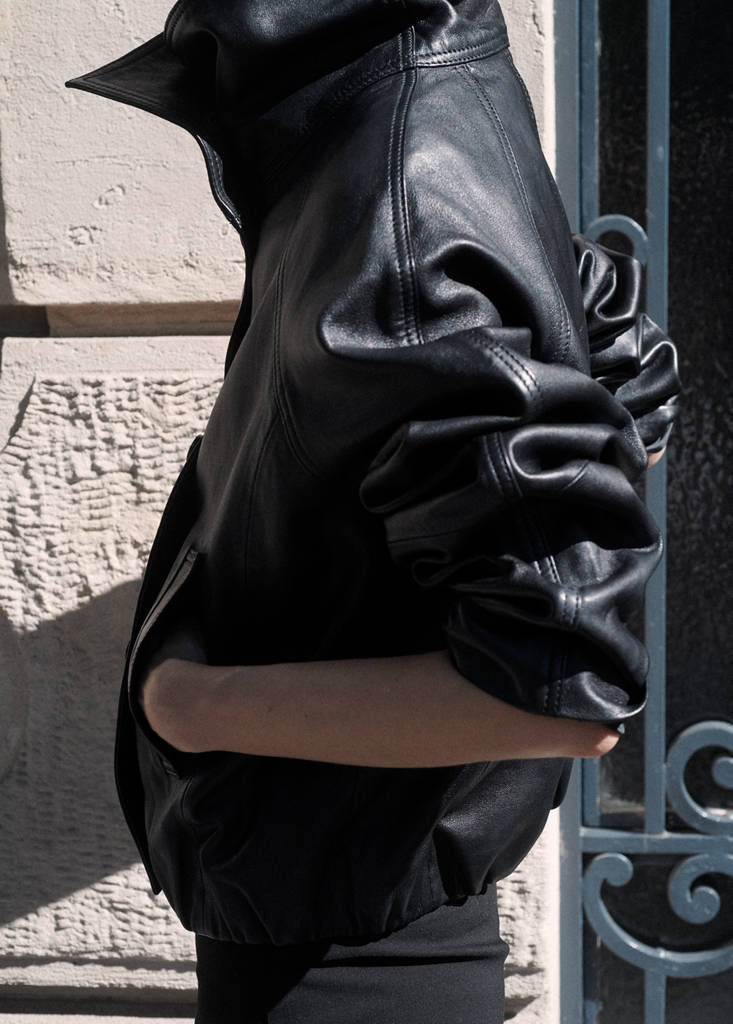 Funnel neck leather jacket — Black