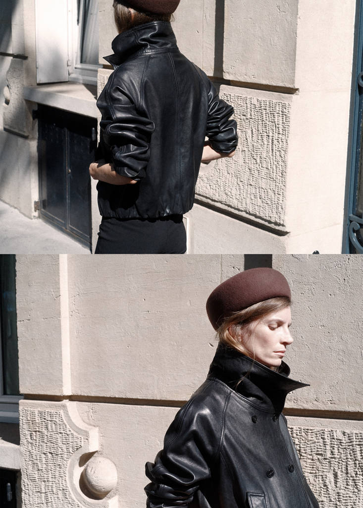 Funnel neck leather jacket — Black