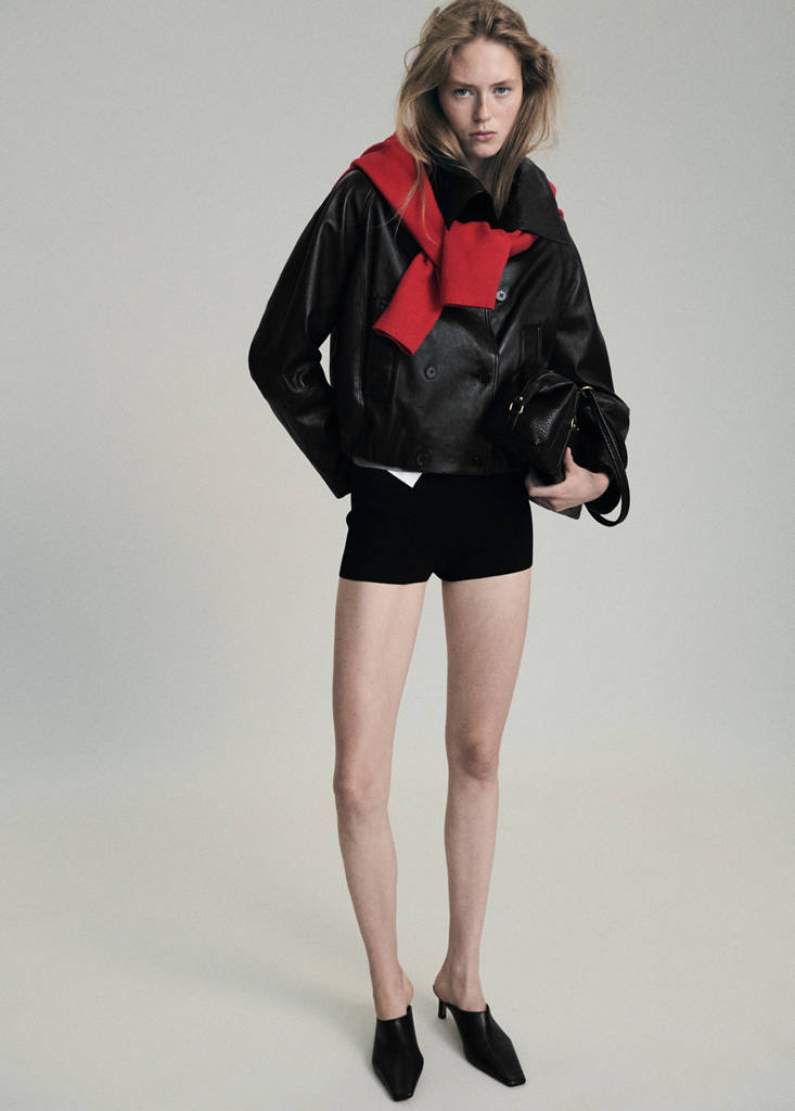 Funnel neck leather jacket — Black