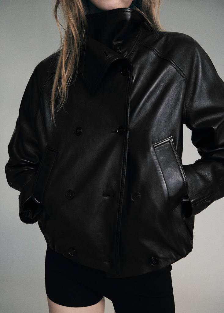 Funnel neck leather jacket — Black