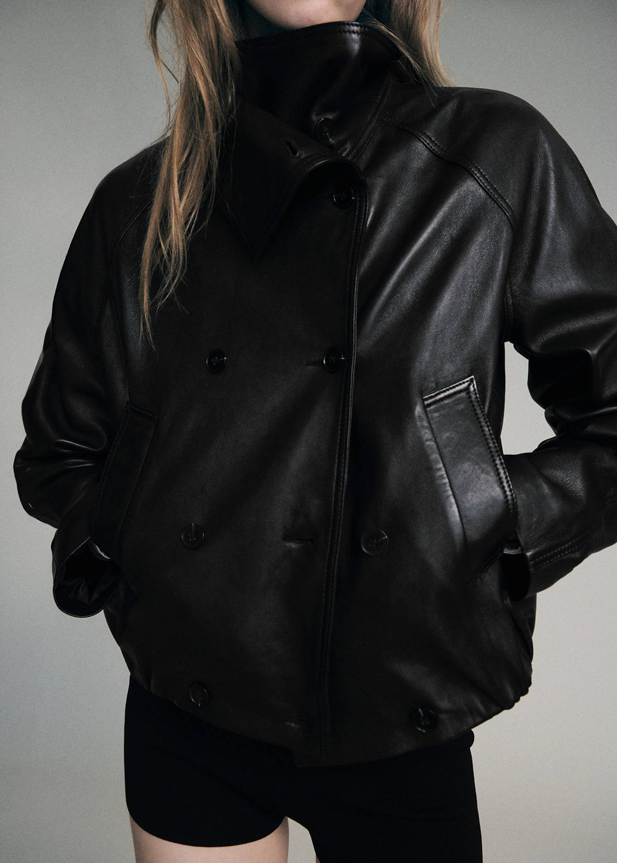 Leather jacket with funnel neck — Black