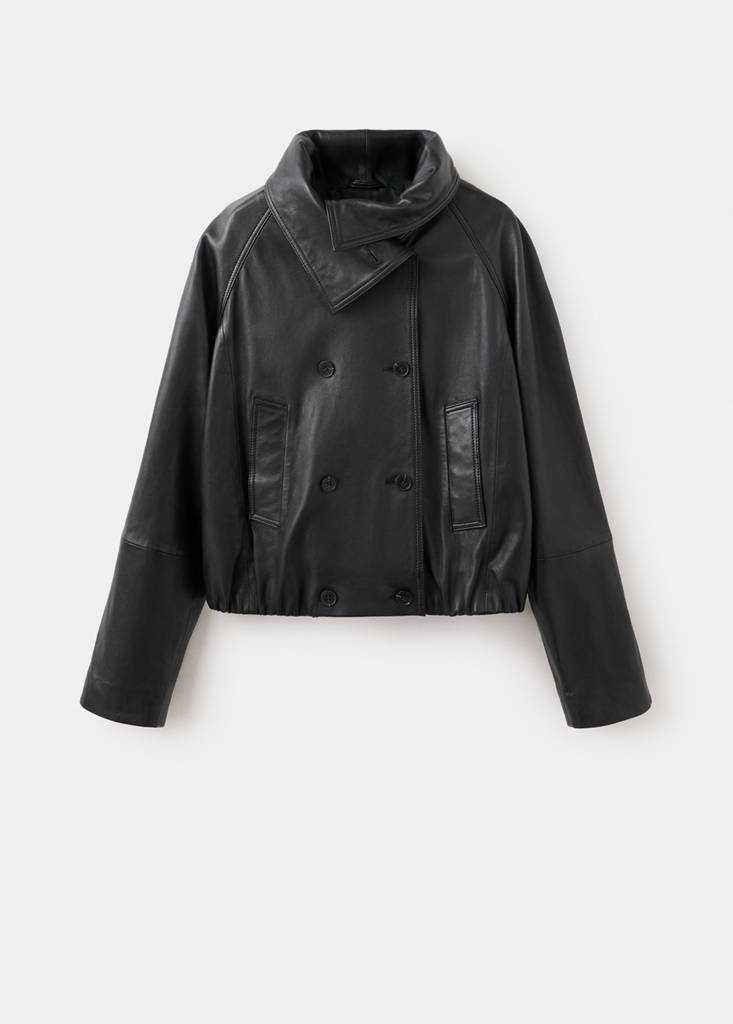 Funnel neck leather jacket — Black