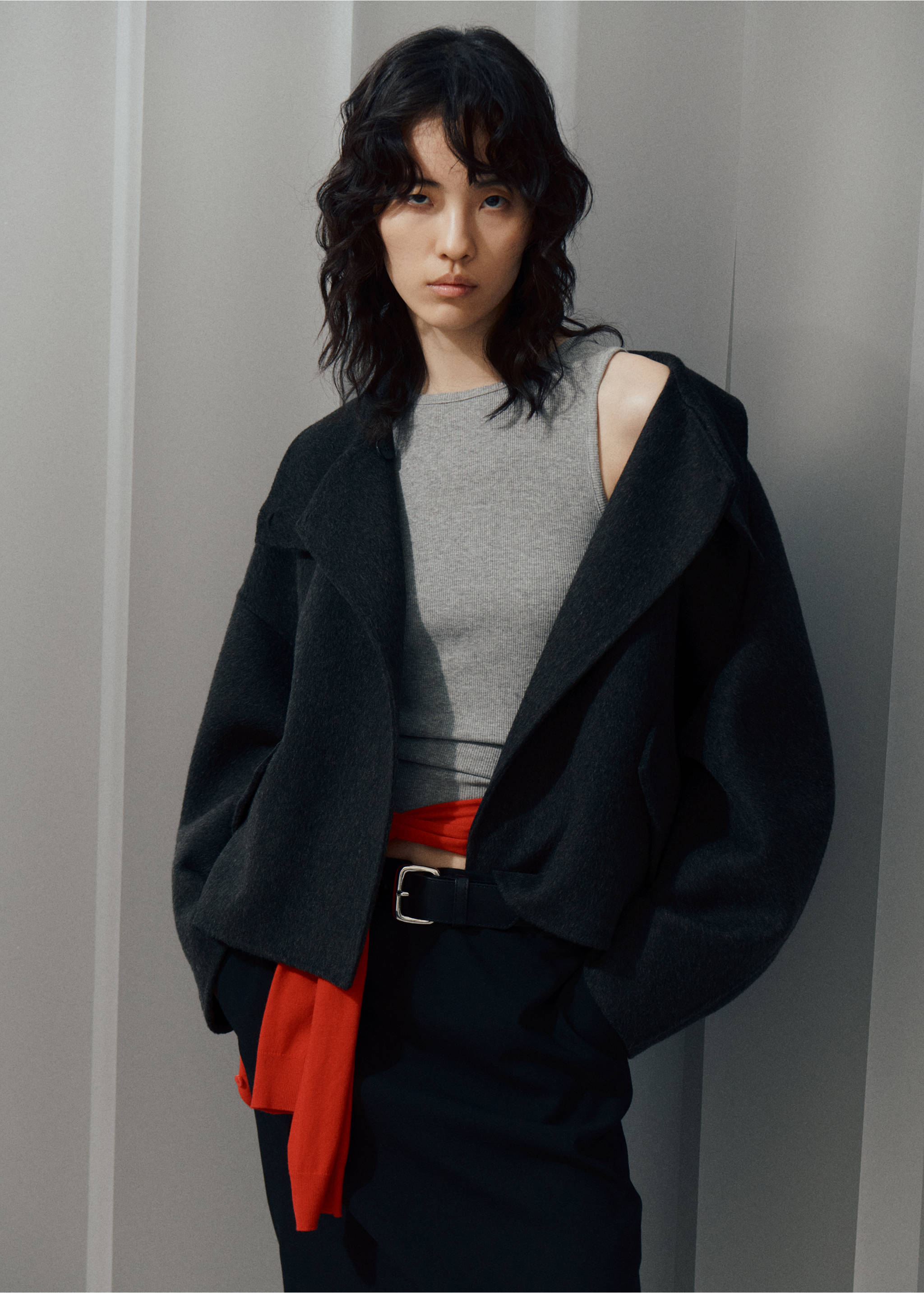 Wool funnel-neck jacket - Medium plane, Dark Heather Grey. Ref: 37045841-00.