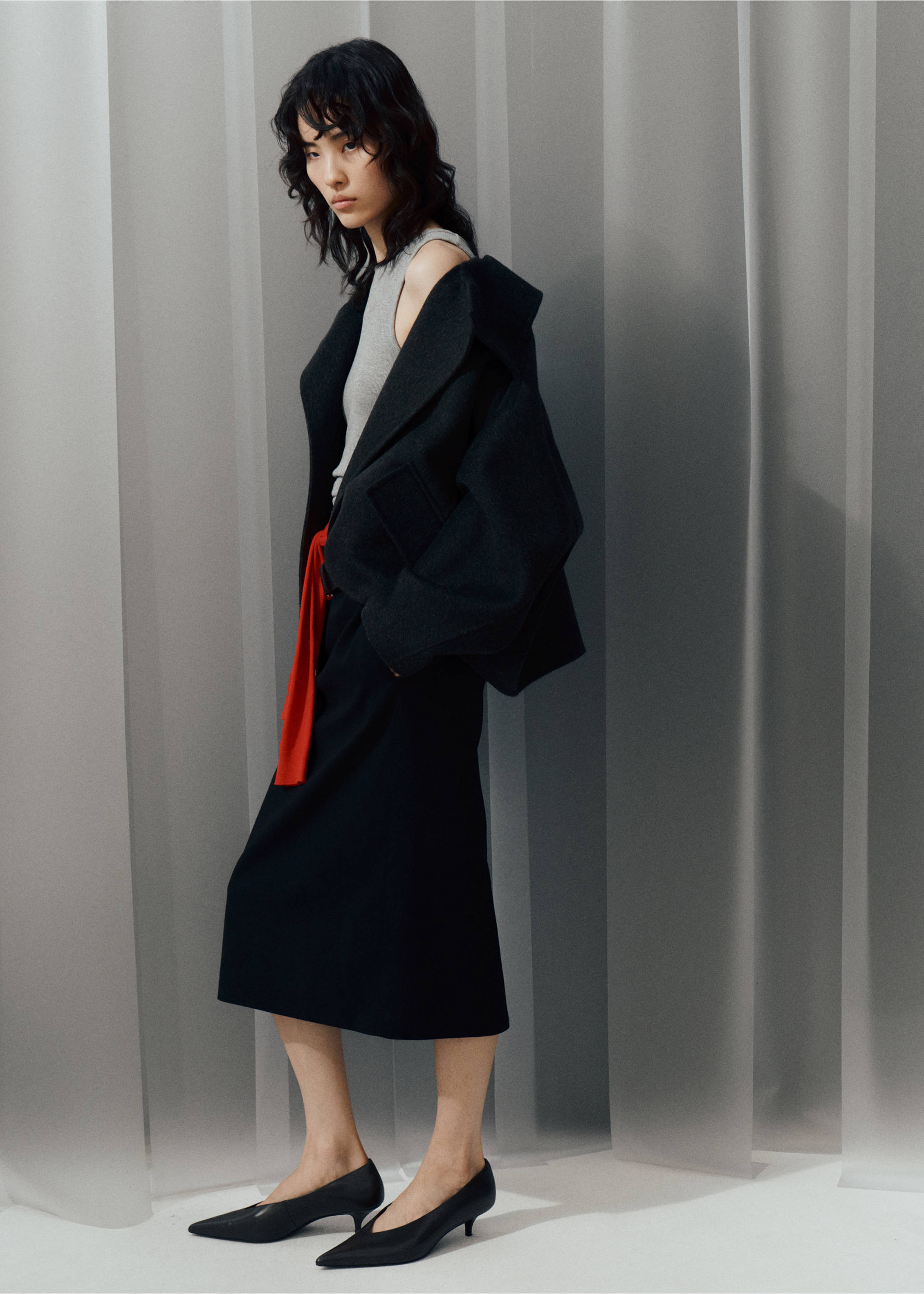 Wool funnel-neck jacket - Details of the article 1, Dark Heather Grey. Ref: 37045841-00.
